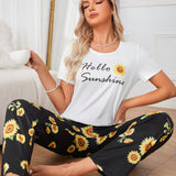 Conjunto De Pijama De Manga Corta Con Cuello Redondo, Estampado De Girasol Y Letra Con Camisa Y Pantalones. Adecuado Para Verano, Para Mujeres