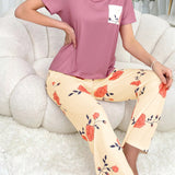 Conjunto De Pijama Femenino Con Flores Rosas