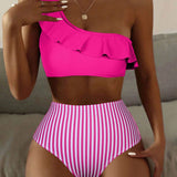 Swim Conjunto bikini de mujer de un hombro con ribete de volantes para playa de verano con Bottom de bikini de triangulo a rayas