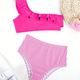 Swim Conjunto bikini de mujer de un hombro con ribete de volantes para playa de verano con Bottom de bikini de triangulo a rayas