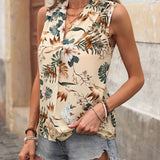 Blusa Sin Mangas Con Estampado Floral Y Escote En V Estilo De Vacaciones Para Mujeres