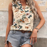 Blusa Sin Mangas Con Estampado Floral Y Escote En V Estilo De Vacaciones Para Mujeres