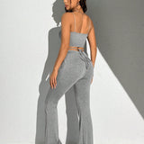 EZwear Conjunto De Top Corto De Mujer Gris De Punto Ajustado Con Tirantes Finos Estilo Espagueti Y Pantalones Acampanados