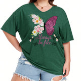 LUNE Plus Size Women's Summer Casual V-Neck T-Shirt With Letter & Butterfly Print