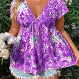 Blusa Estampada Floral Con Cuello En V Profundo Para Mujeres De a Grande