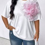 Prive Plus Size Color Block 3d Floral Detail Drop Shoulder T-Shirt