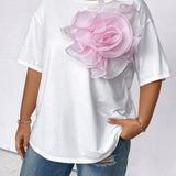 Prive Plus Size Color Block 3d Floral Detail Drop Shoulder T-Shirt