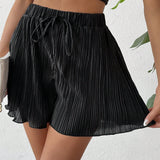Prive Shorts elegantes y versatiles de verano para mujeres con pliegues de color puro, cintura elastica y piernas anchas en negro, ideales para salidas casuales y vacaciones