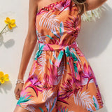 VCAY Holiday One Shoulder Tropical Print Jumpsuit With Elastic Waist