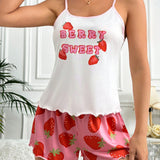 Amaralina Studio Conjunto de pijama de tirantes y pantalones cortos, estampado de letras y fresas, para mujer estilo juvenil