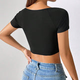 Camiseta De Manga Corta Para Mujer Con Cuello Cuadrado Asimetrico Y Dobladillo De Linea Cap, Color Solido Para El Verano