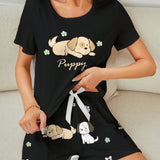 Conjunto De Pijama De Mujer Con Estampado Animal Redondo Con Cuello Redondo Y Mangas Cortas Y Shorts Adecuado Para Verano