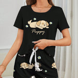 Conjunto De Pijama De Mujer Con Estampado Animal Redondo Con Cuello Redondo Y Mangas Cortas Y Shorts Adecuado Para Verano