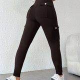 NEW  PETITE Pantalones ajustados solidos y sencillos con multiples bolsillos para mujer