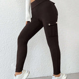 NEW  PETITE Pantalones ajustados solidos y sencillos con multiples bolsillos para mujer