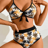 Swim Conjunto de bikini dividido para mujer con diseno de arbol de coco impreso y ribete de bloque de color con sujetador tipo bralette y pantalones cortos de natacion