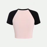 Camiseta De Manga Corta De Verano Para Mujer Con Inserciones En El Hombro Y Diseno De Bloque De Color Negro/rosa