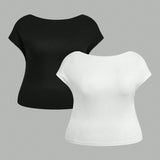 2 piezas de camiseta casual de mujer en blanco y negro de a grande con mangas cortas, ajuste estrecho y sin espalda, adecuada para el verano