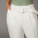 BAE Ropa de verano Blanca con cinturon ajustable para mujer Casual, pantalones zanahoria ajustados con forma conica