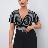 BIZwear Plus Size Women's Twist Front Striped Short Sleeve T-Shirt For Summer