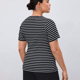BIZwear Plus Size Women's Twist Front Striped Short Sleeve T-Shirt For Summer
