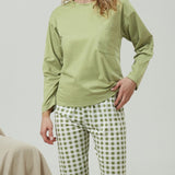 Conjunto de pijama fresco para casa para mujer con parte superior de manga larga en color puro y pantalones impresos a cuadros, casual de primavera y otono