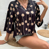 Camisa Casual De Verano Para Mujer Con Estampado Geometrico, Cuello En V Y Mangas 3/4