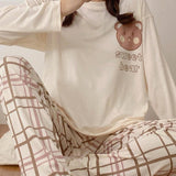 Conjunto de pijama de top de manga larga con diseno de oso lindo y pantalones a cuadros para primavera y otono