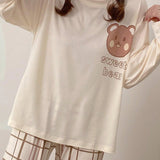Conjunto de pijama de top de manga larga con diseno de oso lindo y pantalones a cuadros para primavera y otono