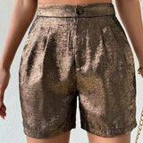 Essnce Pantalones cortos de moda para mujeres con brillo dorado y bolsillos