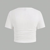 EZwear Plus Size Cross Pattern Pleated Knitted Short Sleeve T-Shirt