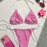 Swim Mod Conjunto de bikini de verano para mujer con patrón de cuadros y estampado aleatorio, cuello halter