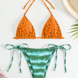 Swim Conjunto de bikini de dos piezas para mujer con estampado de cuello halter y lazo