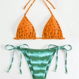 Swim Conjunto de bikini de dos piezas para mujer con estampado de cuello halter y lazo