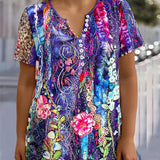 Plus Size Flower Printed Elegant Short Sleeve T-Shirt With Button Design