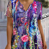 Plus Size Flower Printed Elegant Short Sleeve T-Shirt With Button Design