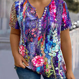 Plus Size Flower Printed Elegant Short Sleeve T-Shirt With Button Design