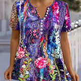 Plus Size Flower Printed Elegant Short Sleeve T-Shirt With Button Design