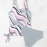 Swim Top De Bikini De Tirante De Chaleco Para Mujer Con Color Fusionado, Estampado Aleatorio