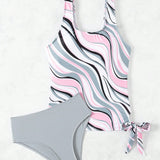 Swim Top De Bikini De Tirante De Chaleco Para Mujer Con Color Fusionado, Estampado Aleatorio