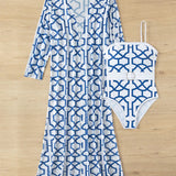 Swim Oasis Conjunto de 2 piezas de banador para mujer con estampado geometrico y kimono a juego para la playa en verano