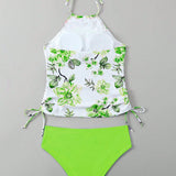 Conjunto de top halter floral impreso aleatoriamente con tanquini triangular, ropa de playa