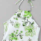 Conjunto de top halter floral impreso aleatoriamente con tanquini triangular, ropa de playa