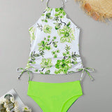 Conjunto de top halter floral impreso aleatoriamente con tanquini triangular, ropa de playa