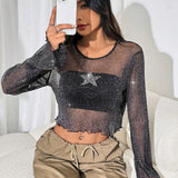 EZwear Top De Malla Transparente Con Corte De Lechuga Y Estampado De Estrellas