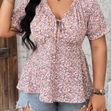 Frenchy Camisa De Manga Corta De a Grande Con Estampado Floral Y Lazo En El Frente Con Mangas Acampanadas Ideales Para Vacaciones De a