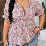 Frenchy Camisa De Manga Corta De a Grande Con Estampado Floral Y Lazo En El Frente Con Mangas Acampanadas Ideales Para Vacaciones De a