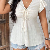 Frenchy Plus Size Solid Color Twist Knot Hem Short Sleeve T-Shirt With Ruffle Edge For Spring & Summer