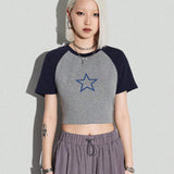 Coolane Camiseta corta con mangas raglan y estampado de estrellas para mujer con bloques de color