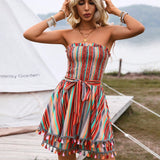 VCAY Summer Casual Music Festival Stripe Strapless Romper With Tassel Hem And Frill Trim